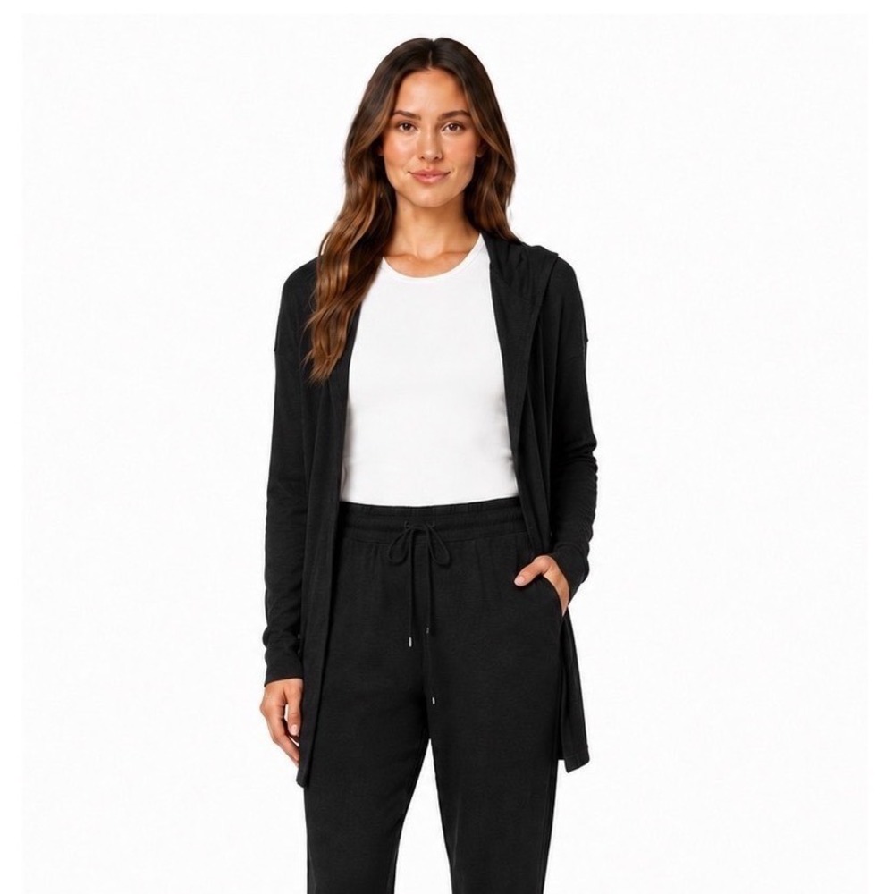 Gap Black Softspun Hooded Open Front Cardigan Sweater M Lagenlook Travel 114-39
